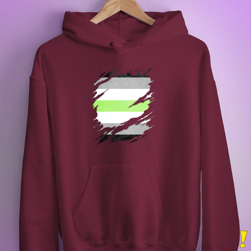 Agender Pride Flag Ripped Reveal Hoodie - Maroon